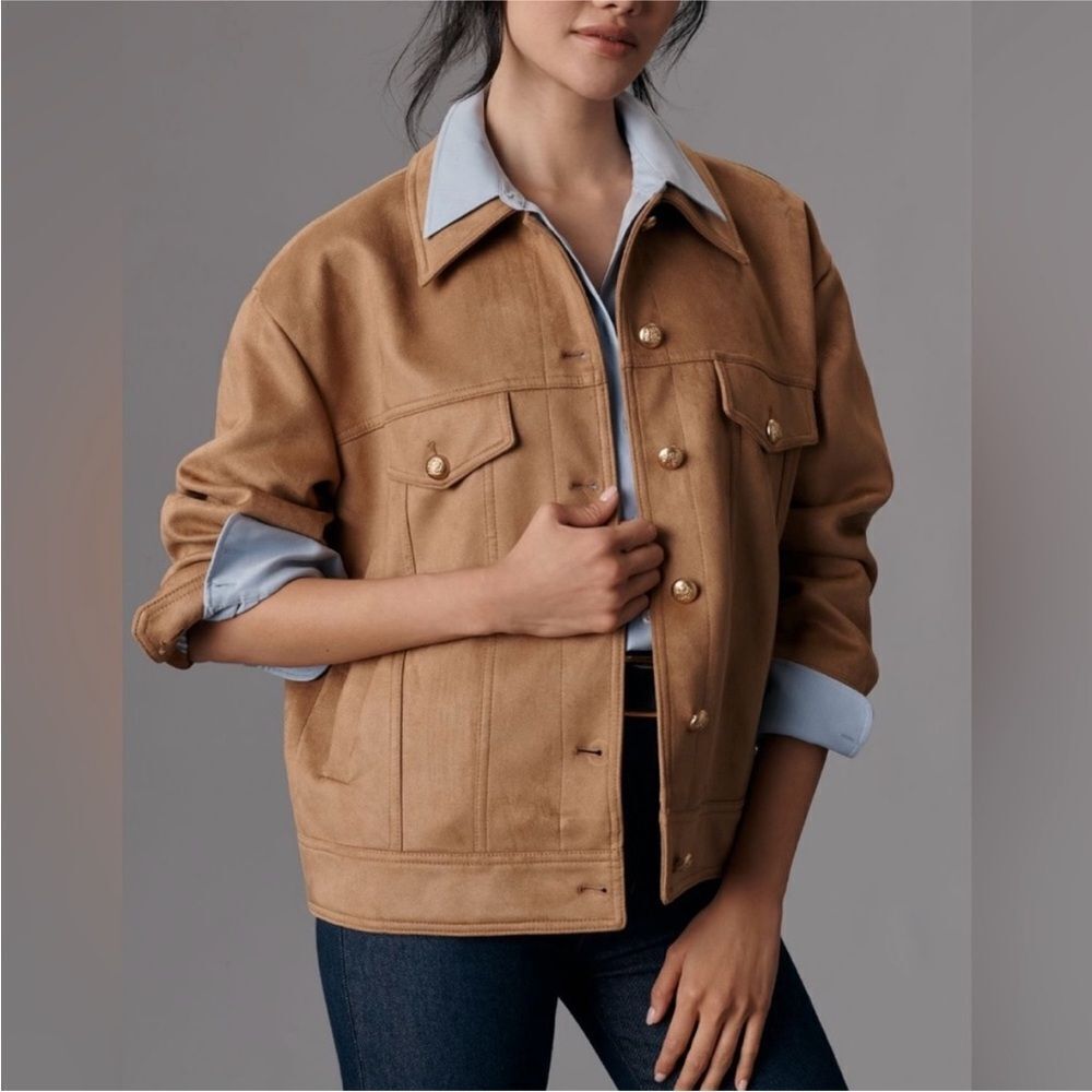 Maeve Anthropologie brown faux suede leather jacket gold buttons Large L trucker